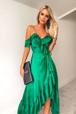 Rebellious Fashion Green Satin Ruffle Wrap Midi Dress - Eiza