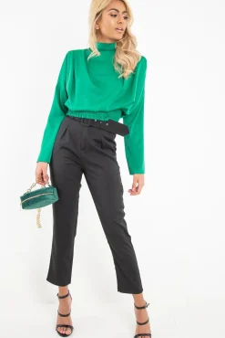 Rebellious Fashion Green Satin Shoulder Pad Shirred Waist Blouse - Farida