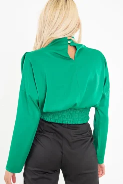 Rebellious Fashion Green Satin Shoulder Pad Shirred Waist Blouse - Farida
