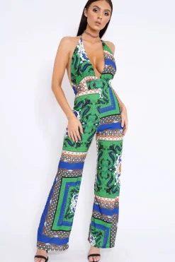Rebellious Fashion Green Scarf Print Backless Jumpsuit - Winslet