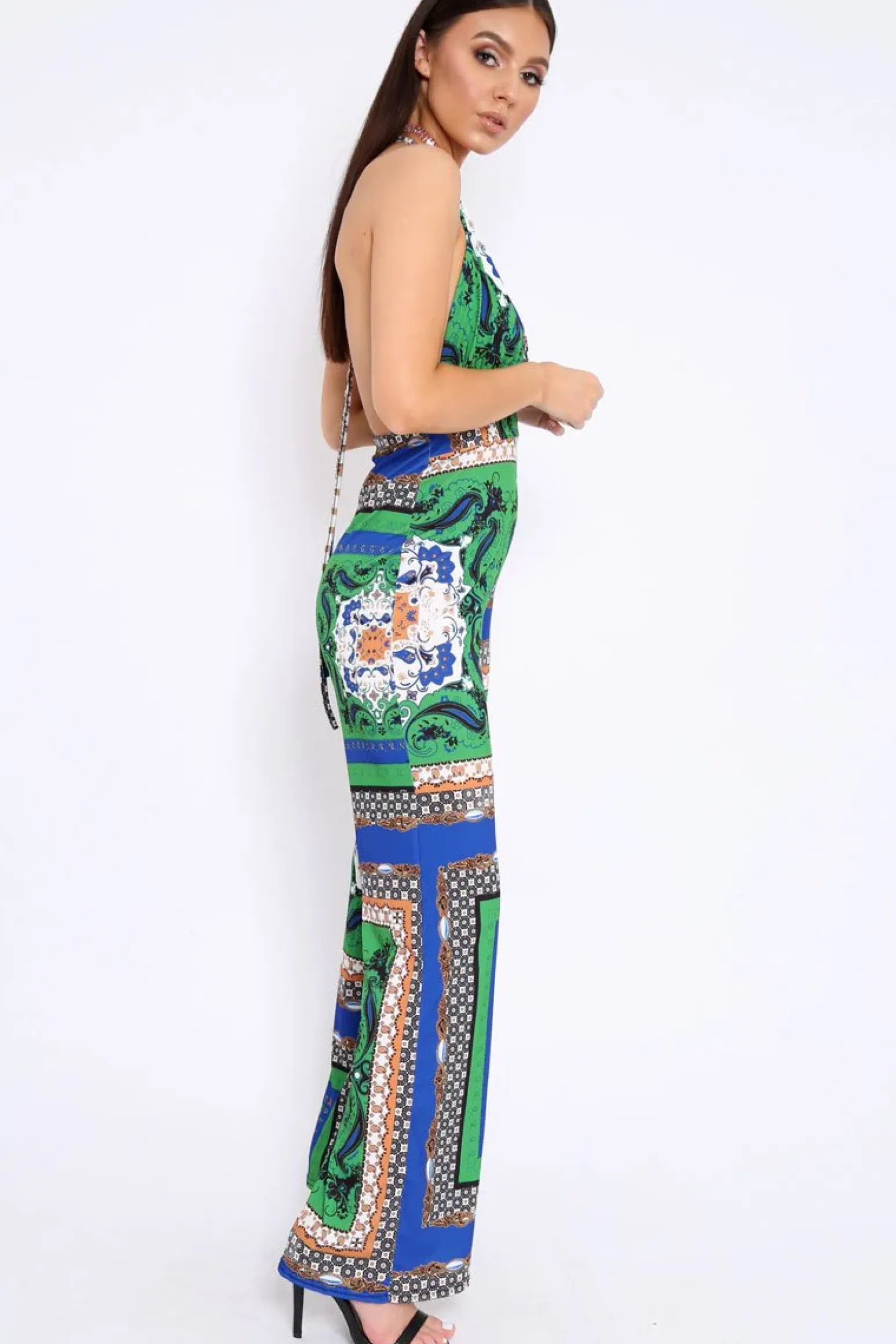 Rebellious Fashion Green Scarf Print Backless Jumpsuit - Winslet
