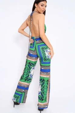 Rebellious Fashion Green Scarf Print Backless Jumpsuit - Winslet