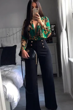 Rebellious Fashion Green Scarf Print Plunge Bodysuit - Cindy-Lou