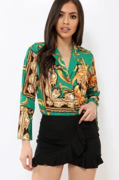 Rebellious Fashion Green Scarf Print Plunge Bodysuit - Cindy-Lou