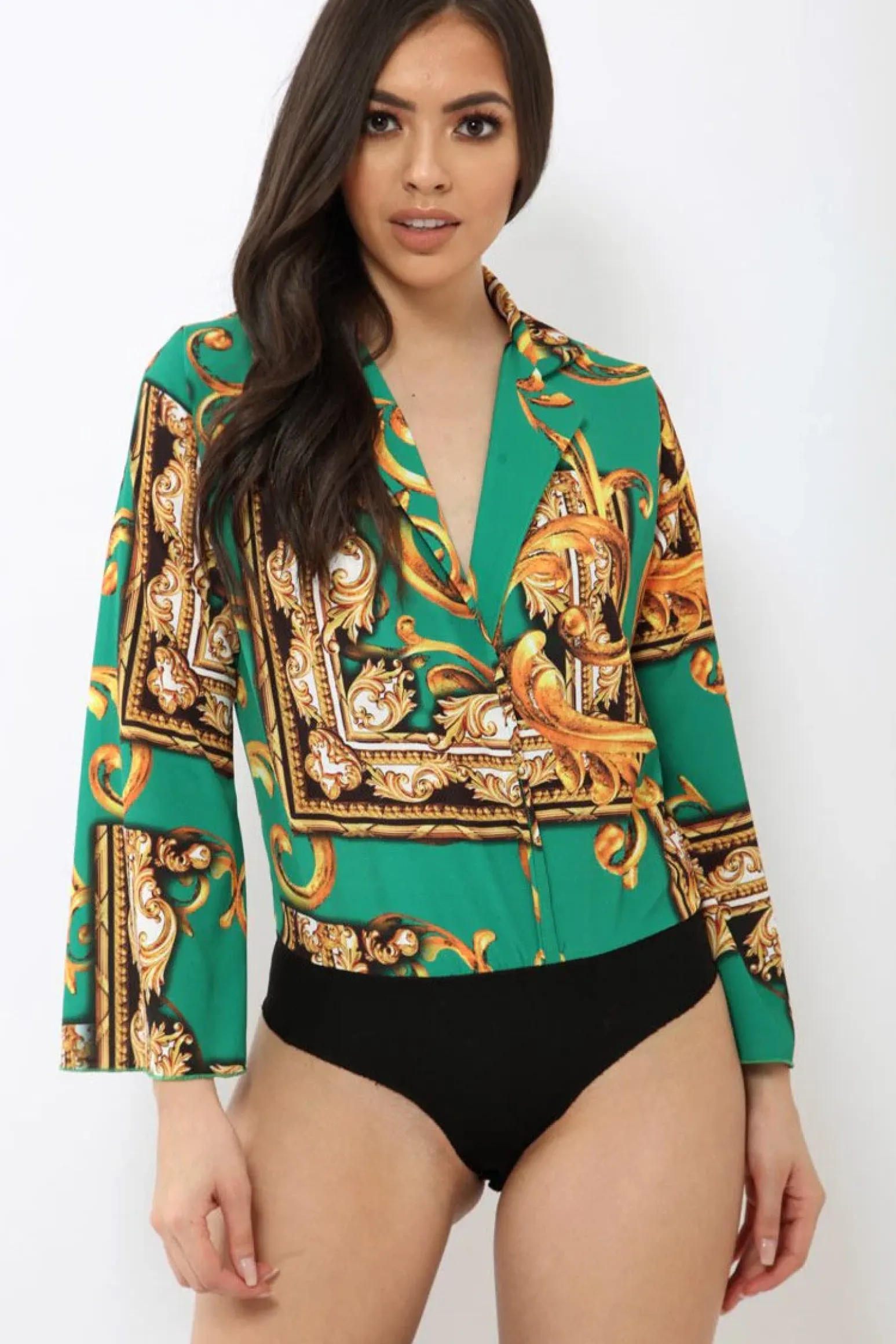 Rebellious Fashion Green Scarf Print Plunge Bodysuit - Cindy-Lou