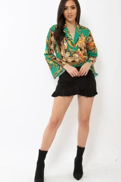 Rebellious Fashion Green Scarf Print Plunge Bodysuit - Cindy-Lou