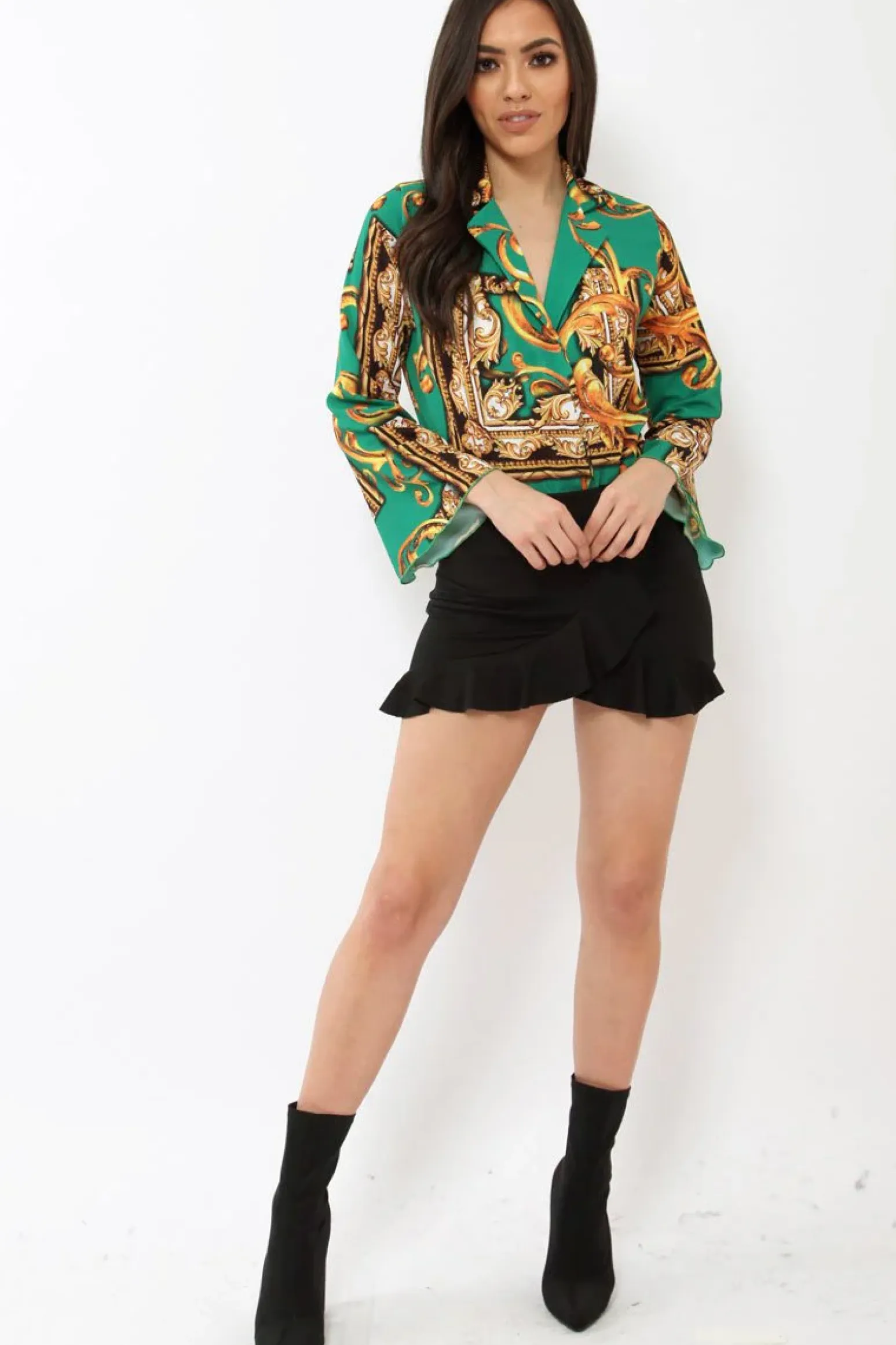 Rebellious Fashion Green Scarf Print Plunge Bodysuit - Cindy-Lou