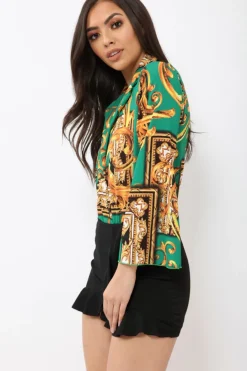 Rebellious Fashion Green Scarf Print Plunge Bodysuit - Cindy-Lou