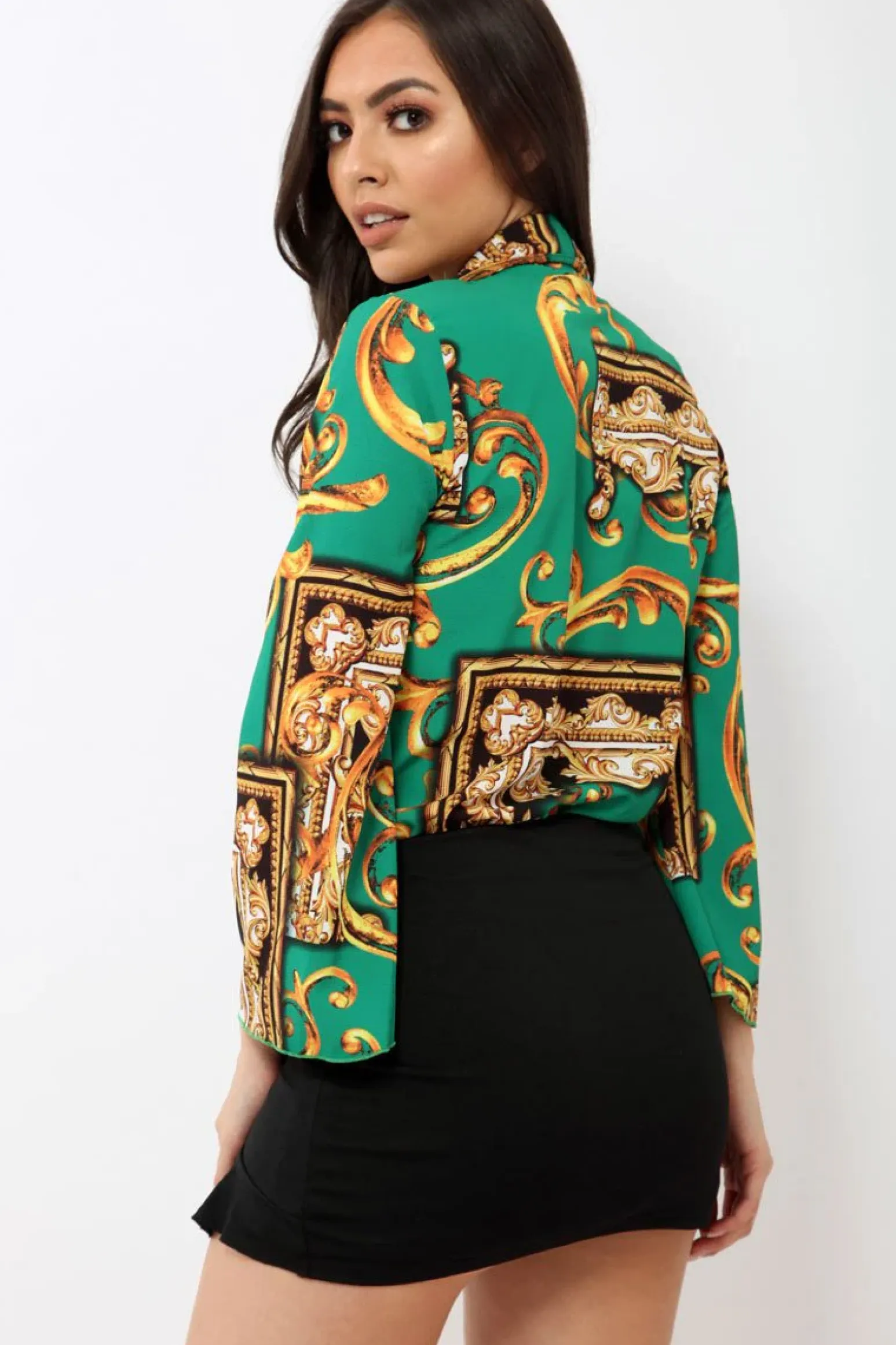 Rebellious Fashion Green Scarf Print Plunge Bodysuit - Cindy-Lou