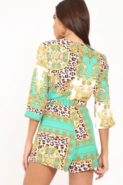 Rebellious Fashion Green Scarf Print Tie Waist Playsuit - Kaye