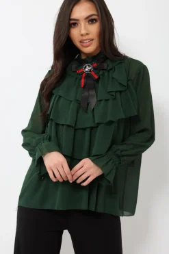 Rebellious Fashion Green Sheer Ruffle Blouse with Striped Neck Tie - Viktoria