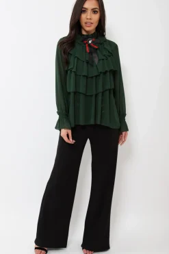 Rebellious Fashion Green Sheer Ruffle Blouse with Striped Neck Tie - Viktoria