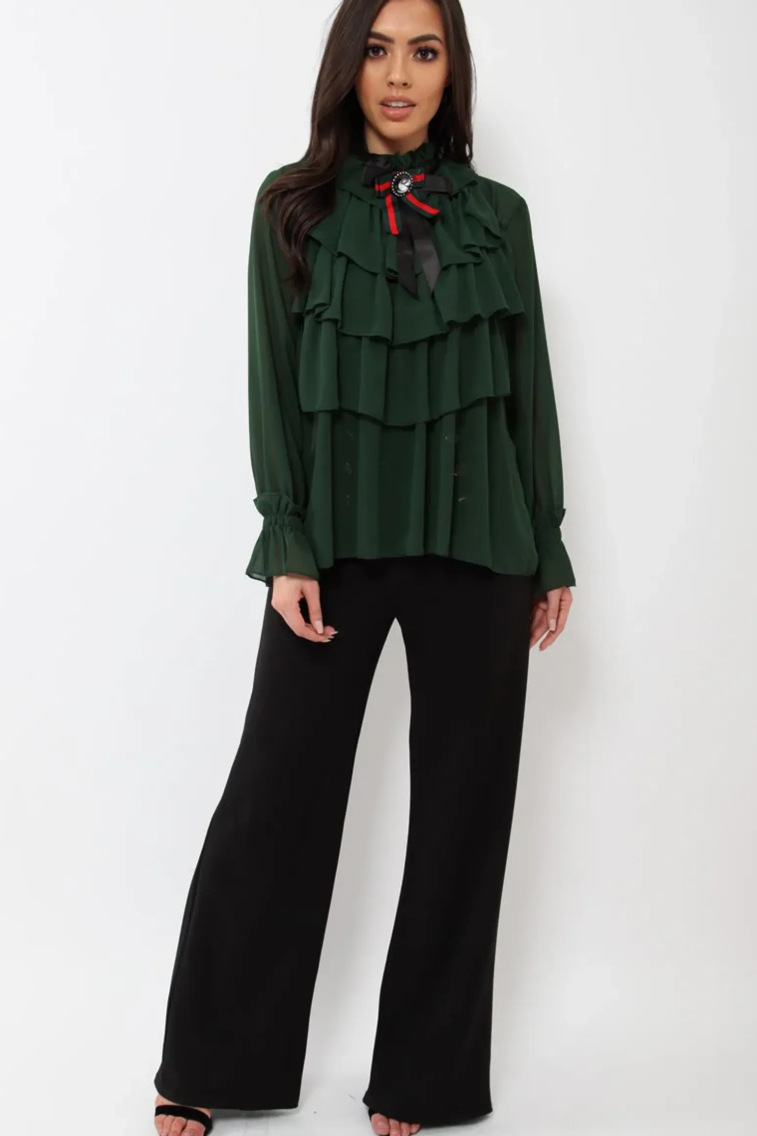Rebellious Fashion Green Sheer Ruffle Blouse with Striped Neck Tie - Viktoria
