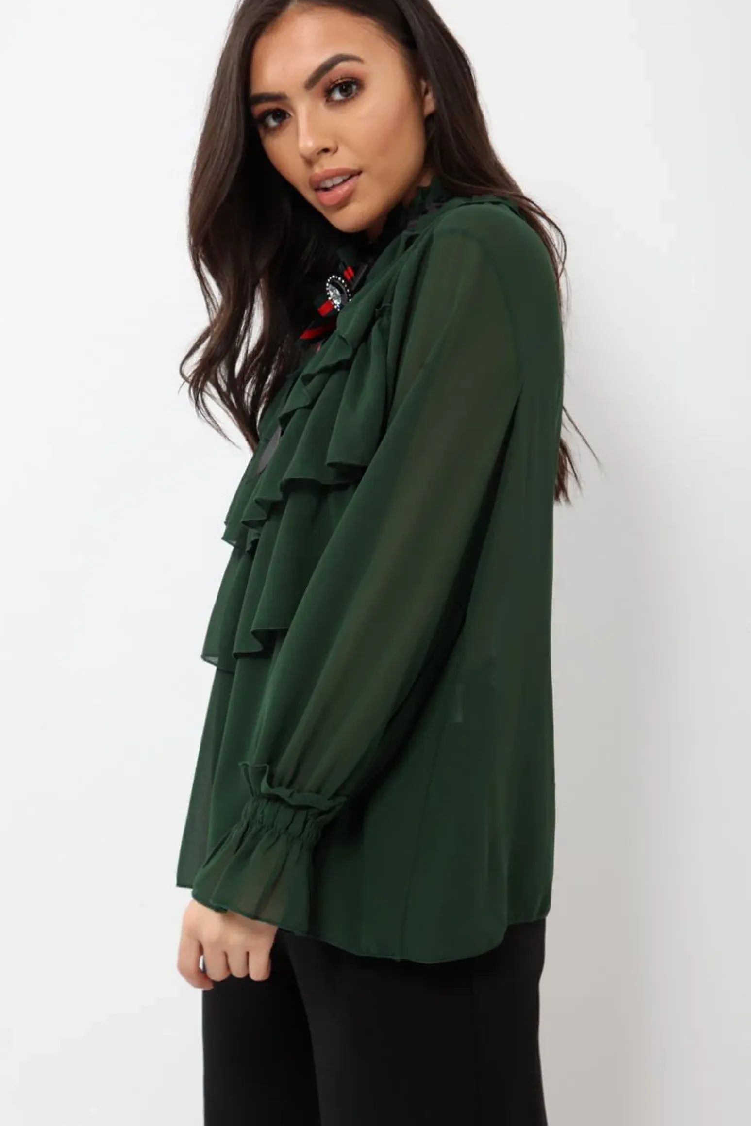 Rebellious Fashion Green Sheer Ruffle Blouse with Striped Neck Tie - Viktoria