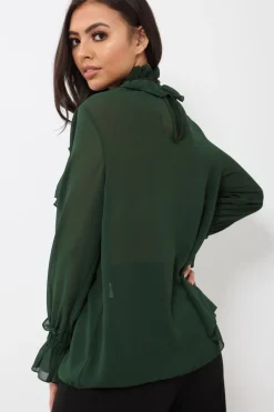 Rebellious Fashion Green Sheer Ruffle Blouse with Striped Neck Tie - Viktoria