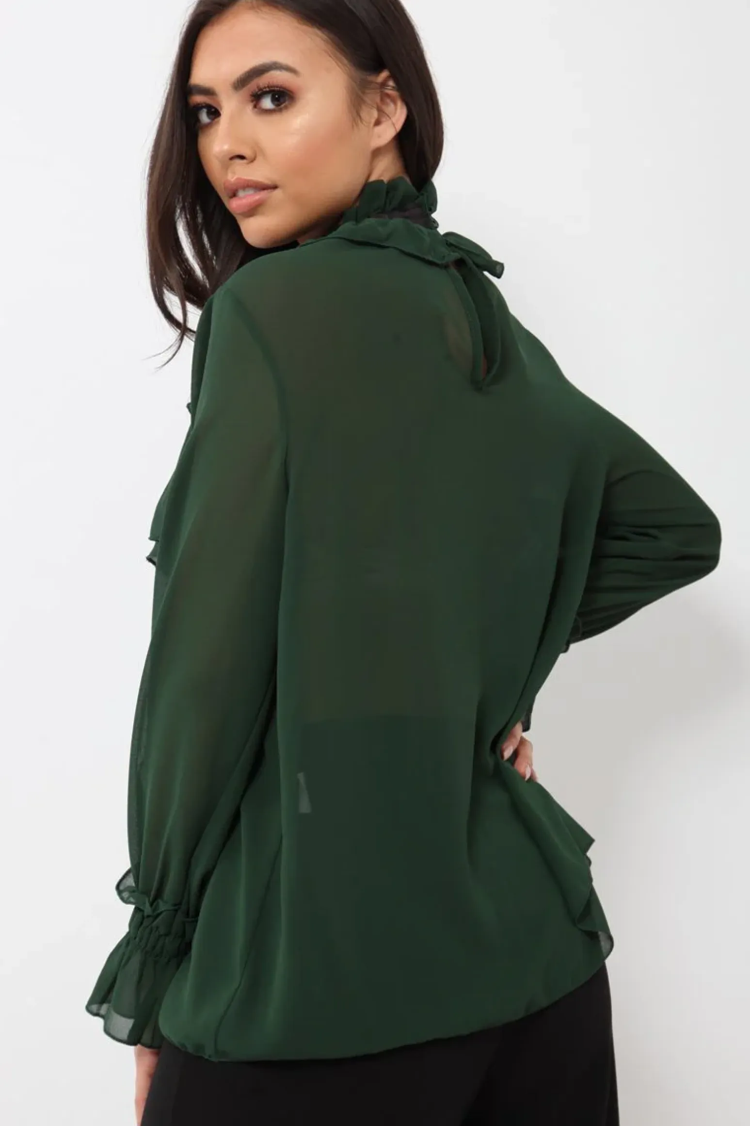 Rebellious Fashion Green Sheer Ruffle Blouse with Striped Neck Tie - Viktoria