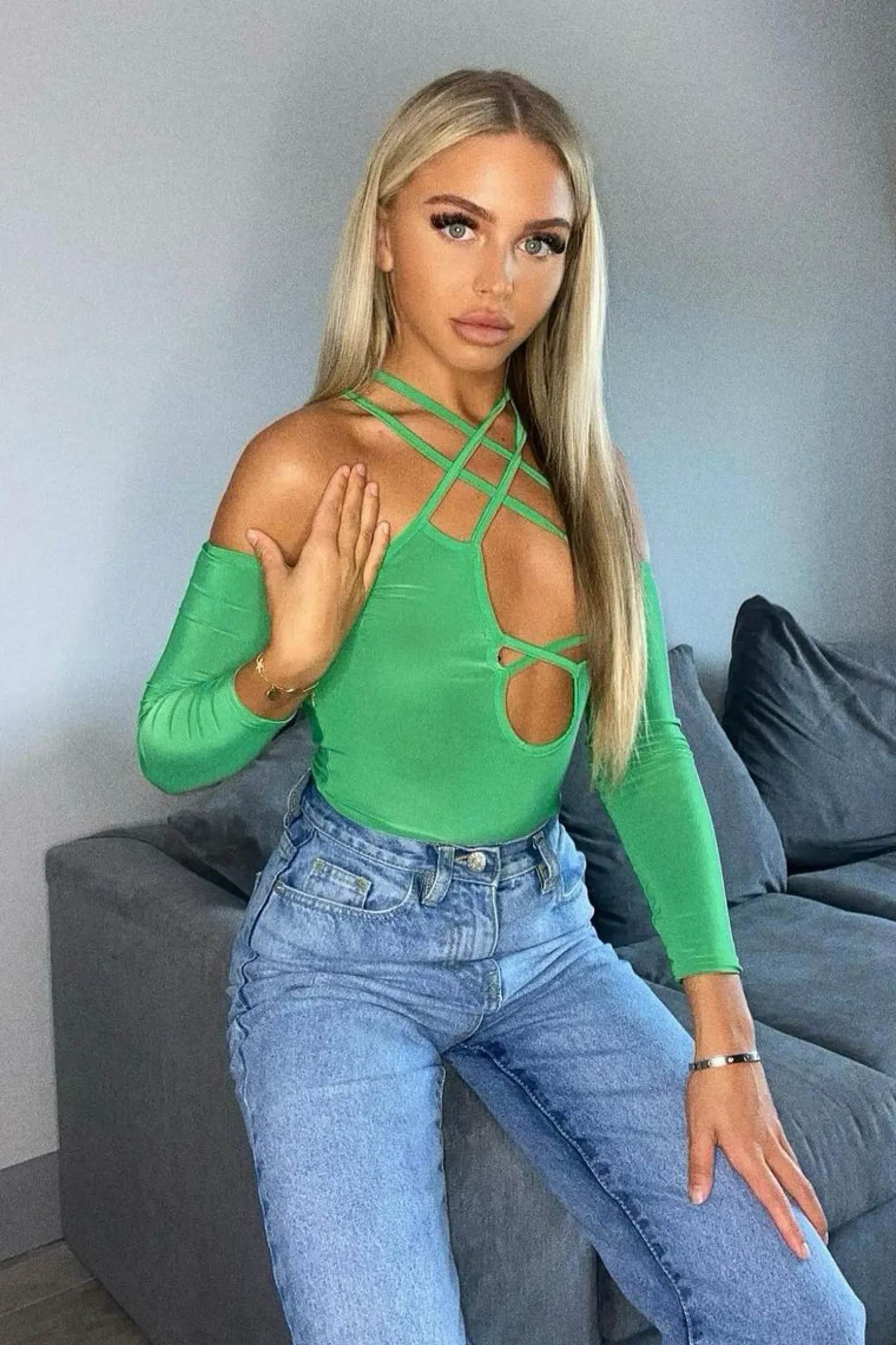 Rebellious Fashion Green Slinky Strappy Crossover Cut Out Shoulders Bodysuit - Jorja