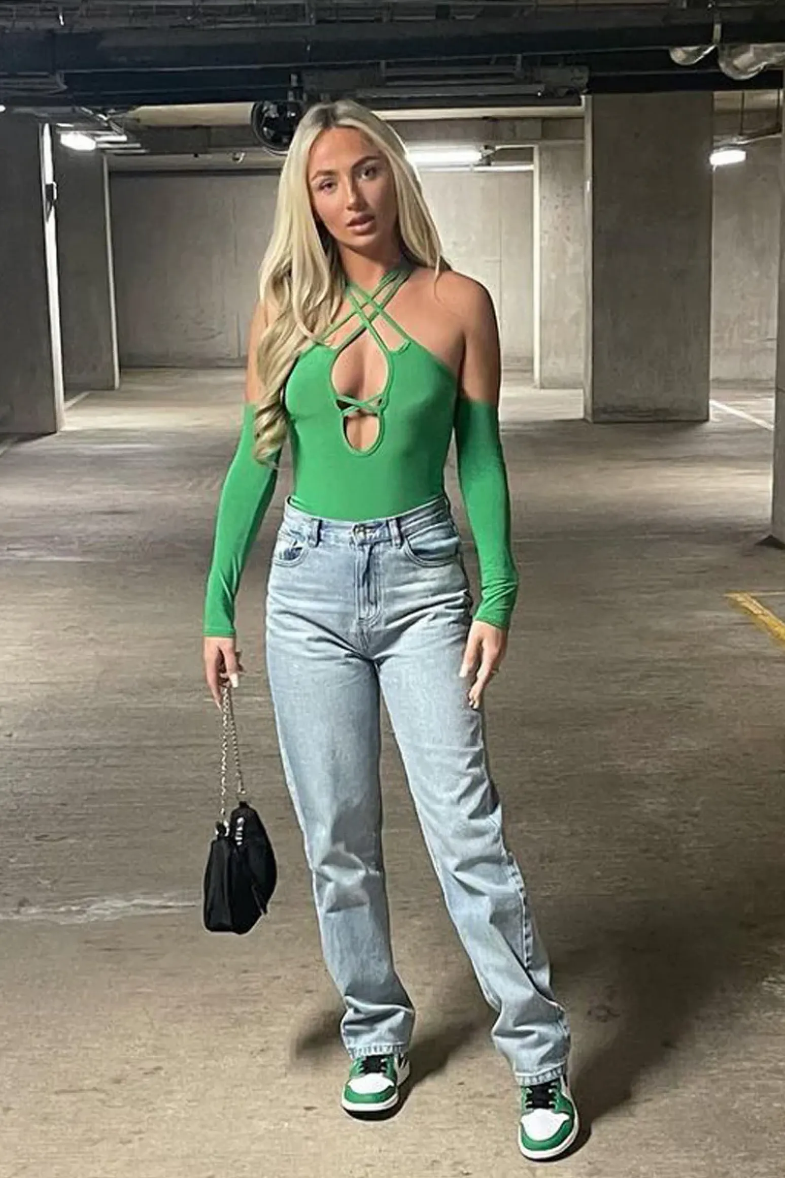 Rebellious Fashion Green Slinky Strappy Crossover Cut Out Shoulders Bodysuit - Jorja