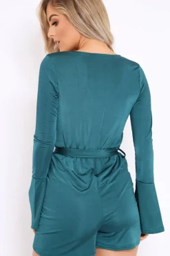 Rebellious Fashion Green Slinky Wrap Front Playsuit - Sindy