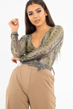 Rebellious Fashion Green Snake Plunge Coated Long Sleeve Bodysuit - Clemmie