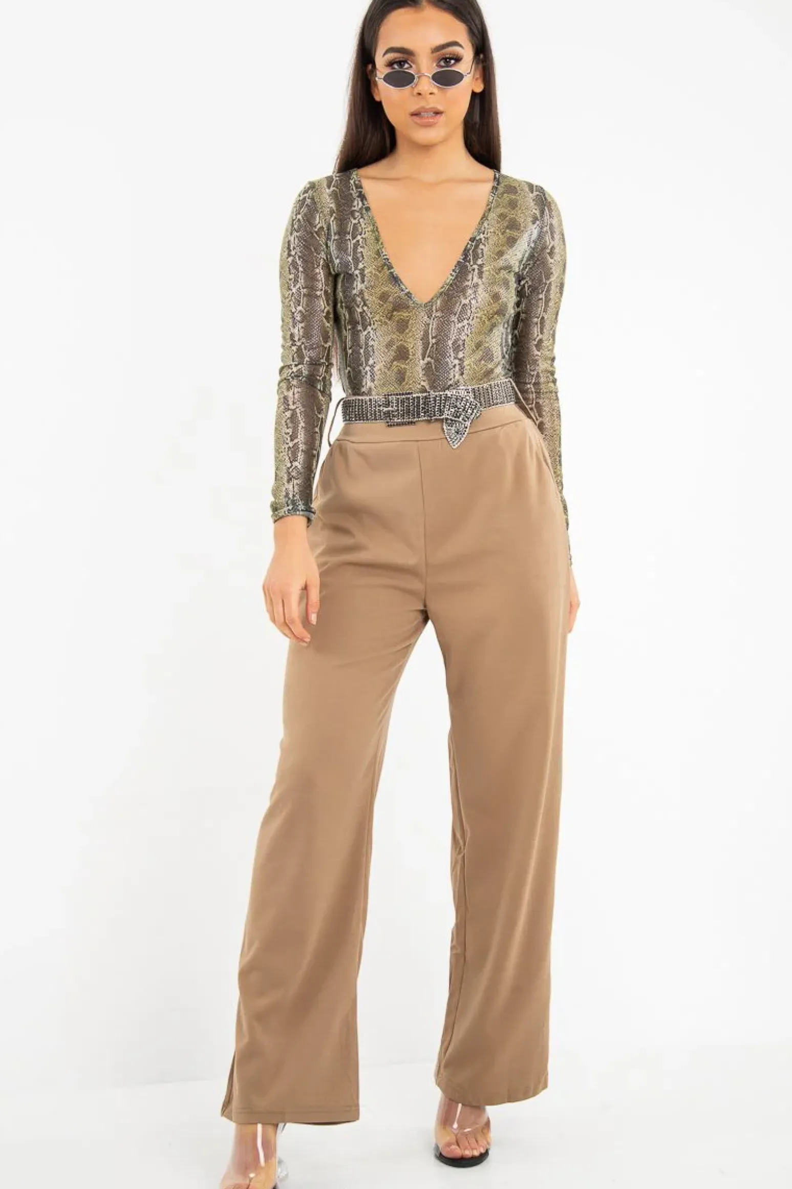 Rebellious Fashion Green Snake Plunge Coated Long Sleeve Bodysuit - Clemmie