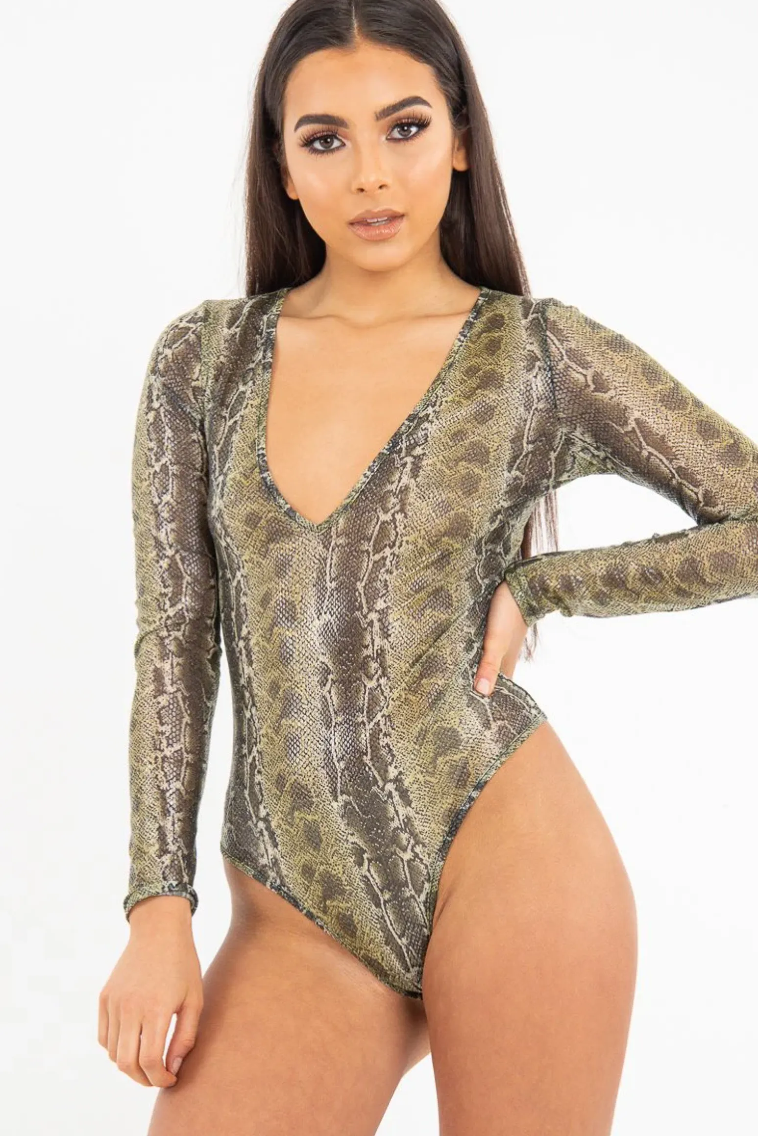 Rebellious Fashion Green Snake Plunge Coated Long Sleeve Bodysuit - Clemmie