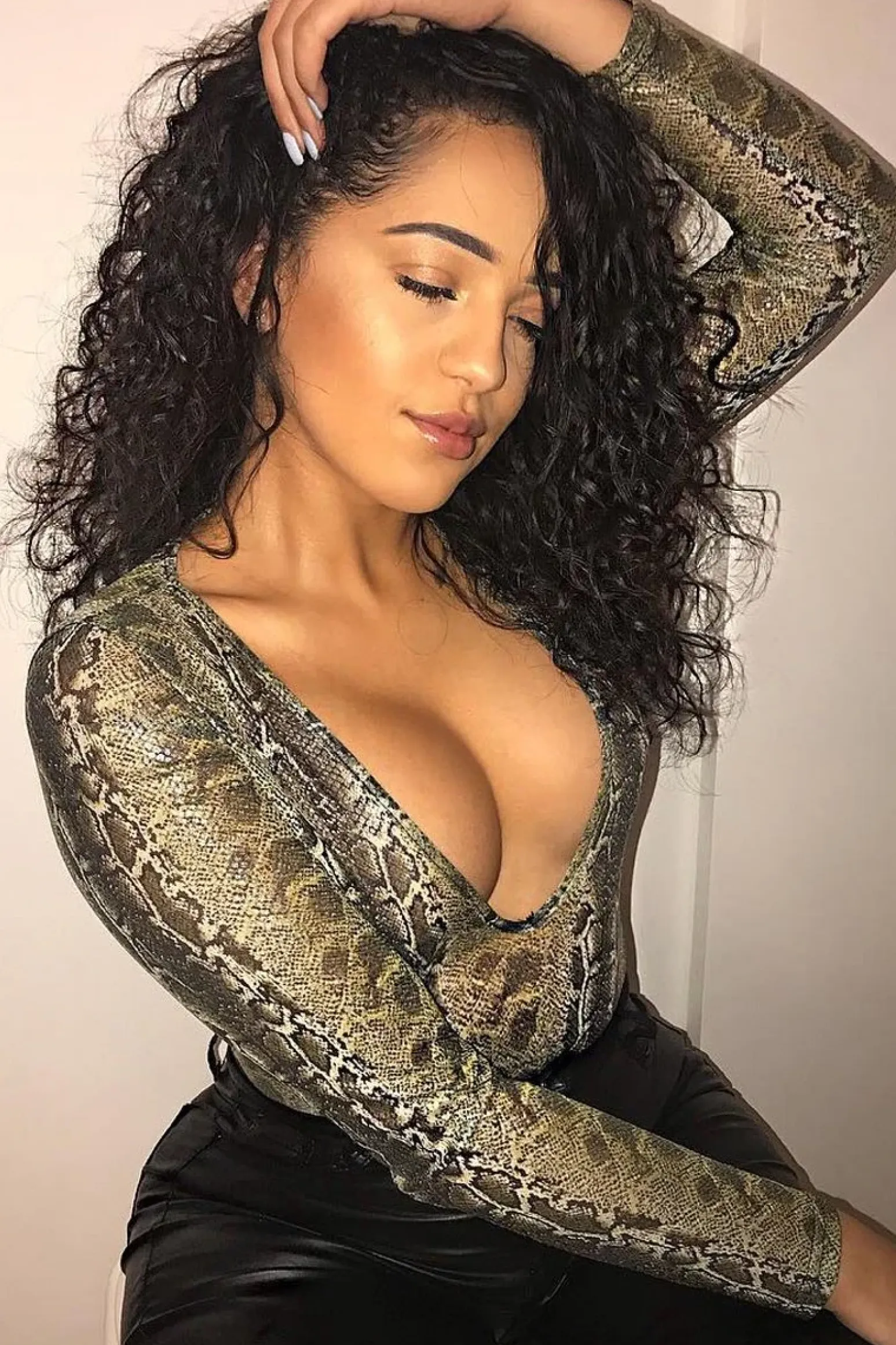 Rebellious Fashion Green Snake Plunge Coated Long Sleeve Bodysuit - Clemmie