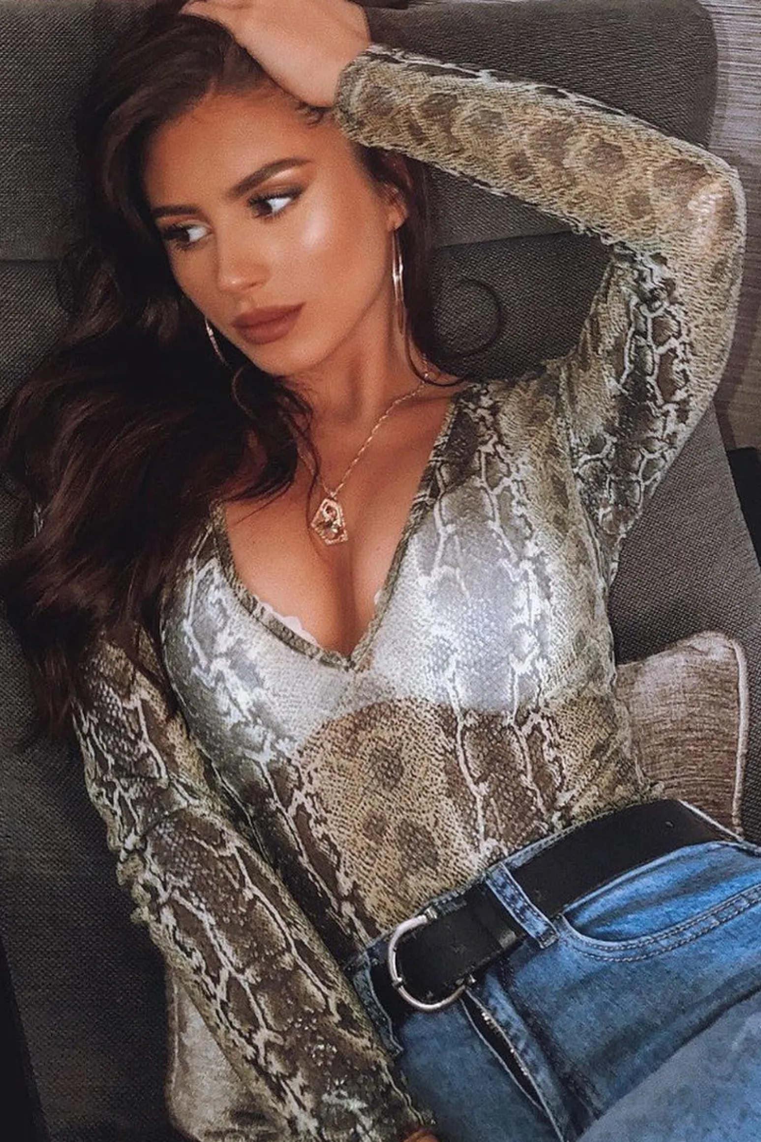 Rebellious Fashion Green Snake Plunge Coated Long Sleeve Bodysuit - Clemmie