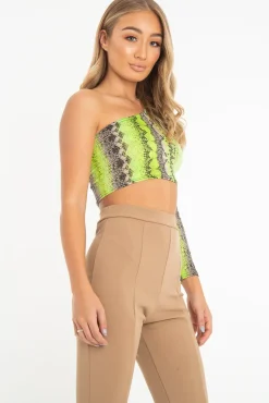 Rebellious Fashion Green Snake Print One Sleeve Crop Top - Preesha