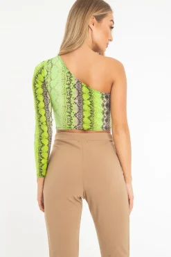 Rebellious Fashion Green Snake Print One Sleeve Crop Top - Preesha