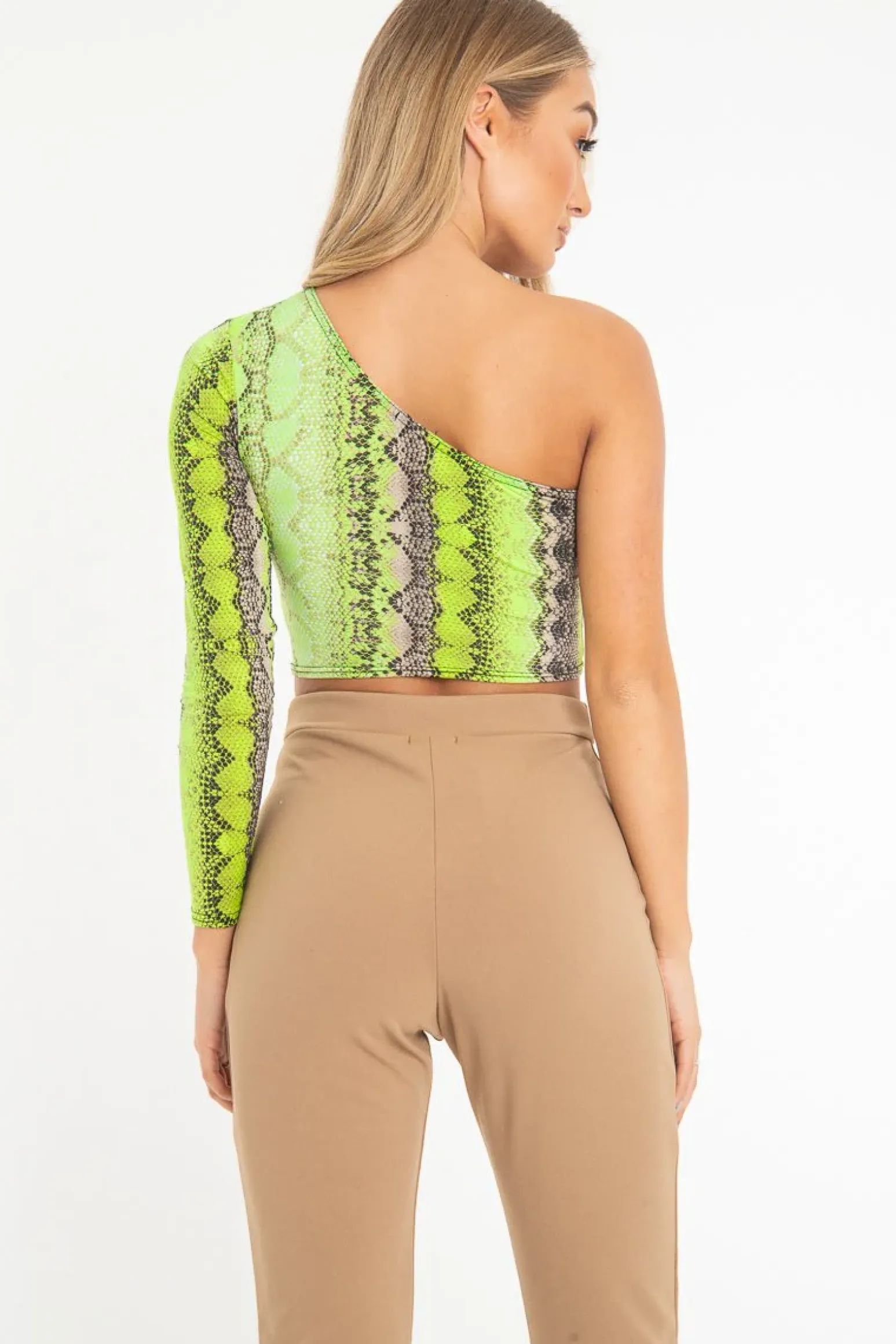 Rebellious Fashion Green Snake Print One Sleeve Crop Top - Preesha