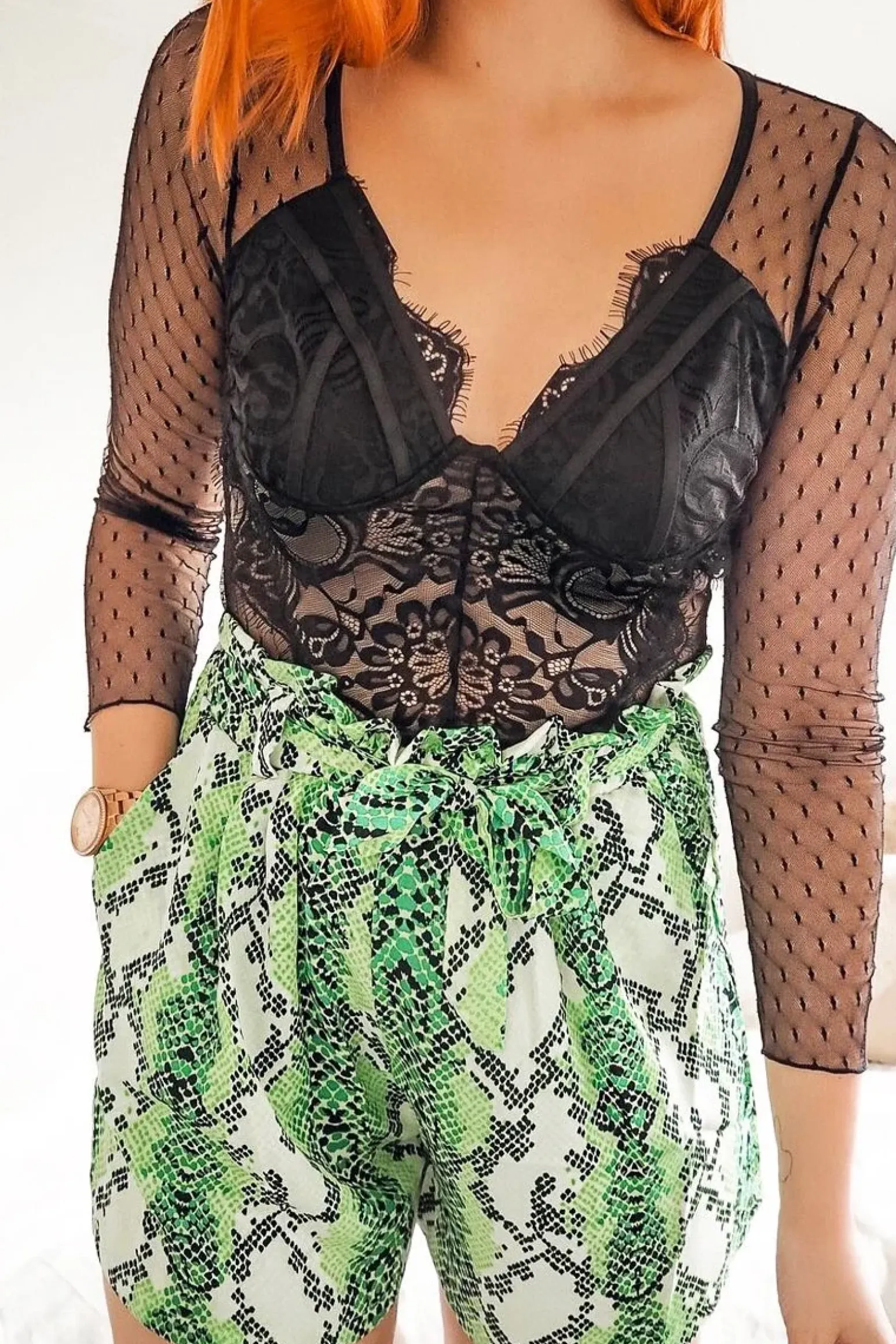 Rebellious Fashion Green Snake Print Paperbag Tie Shorts - Shy