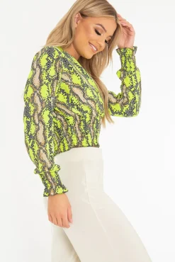 Rebellious Fashion Green Snake Print Plunge Shirred Waist Blouse - Athena