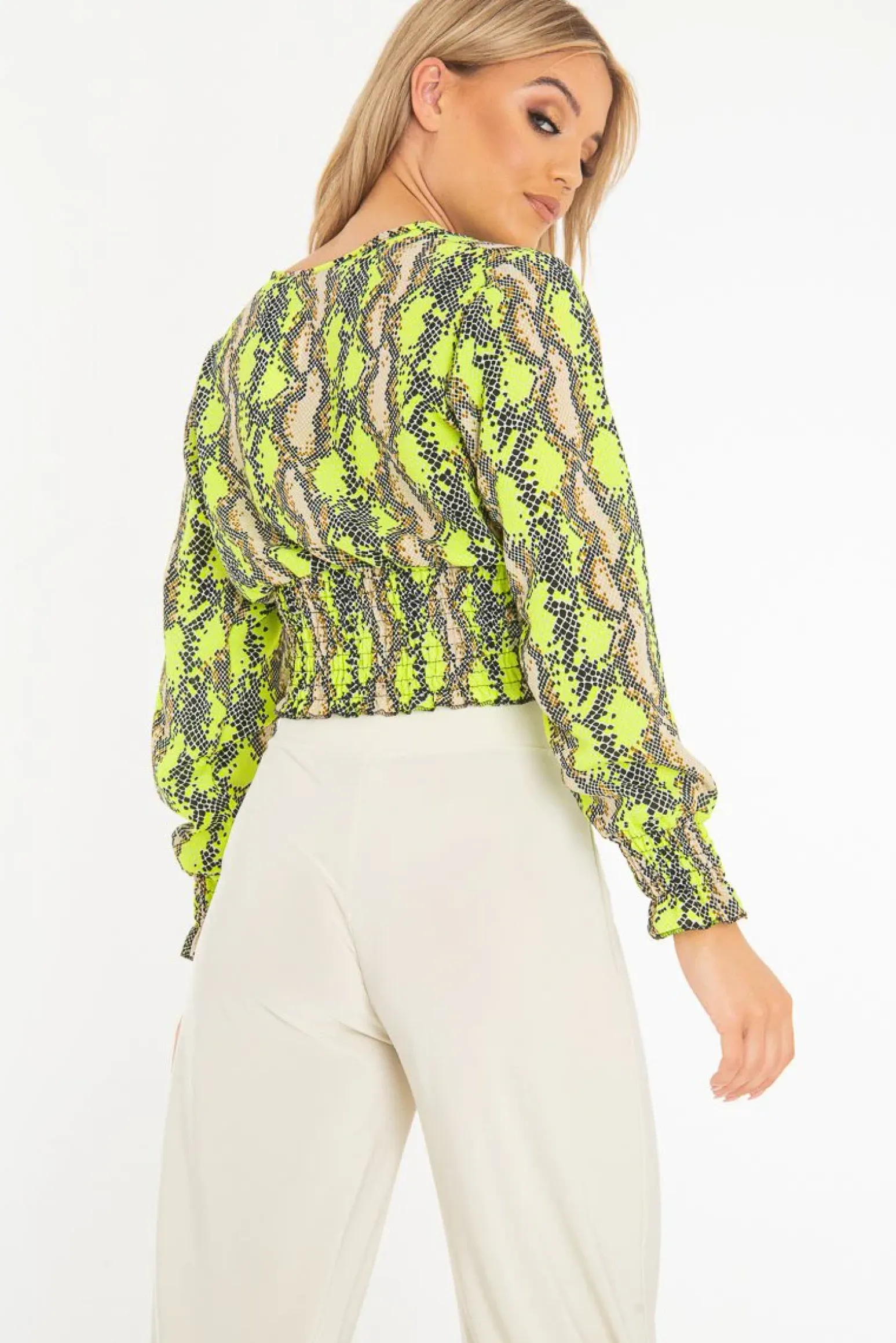 Rebellious Fashion Green Snake Print Plunge Shirred Waist Blouse - Athena