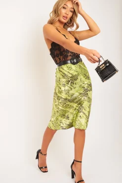 Rebellious Fashion Green Snake Satin Midi Skirt - Klover