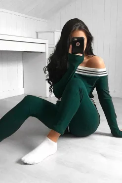 Rebellious Fashion Green Sports Trim Bardot Jumpsuit - Millie