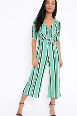 Rebellious Fashion Green Striped Tie Front Jumpsuit - Tabatha