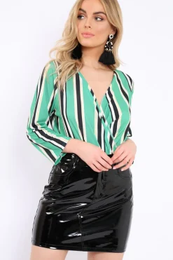 Rebellious Fashion Green Striped Wrap Front Plunge Bodysuit - Edie