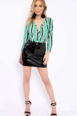 Rebellious Fashion Green Striped Wrap Front Plunge Bodysuit - Edie