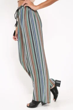 Rebellious Fashion Green Stripe Wide Leg Beaded Tie Trousers - Haylie