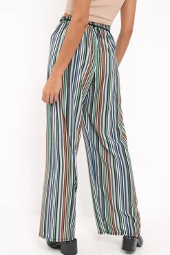 Rebellious Fashion Green Stripe Wide Leg Beaded Tie Trousers - Haylie
