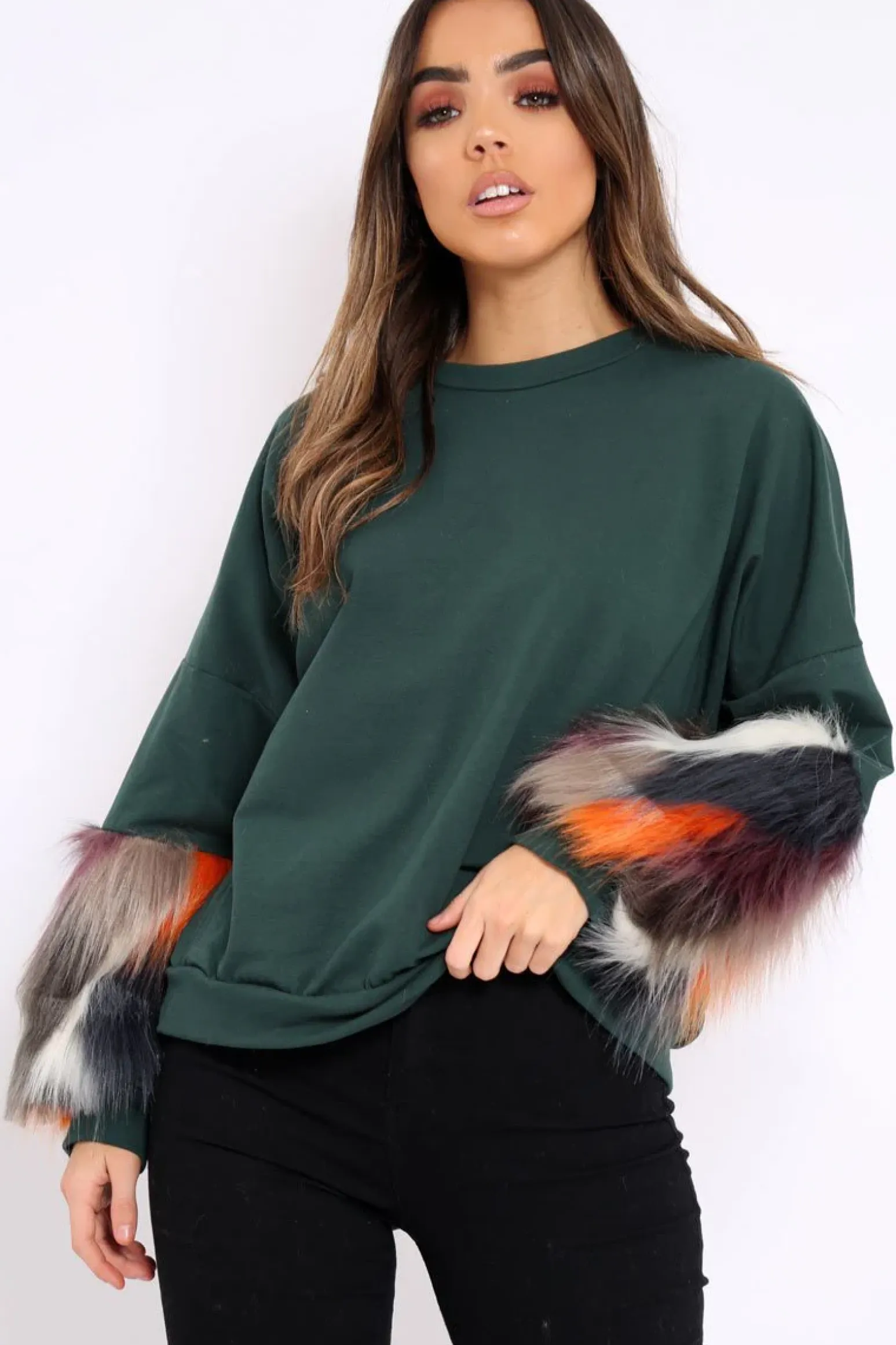 Rebellious Fashion Green Sweatshirt with Multicolour Fur Sleeves - Loise