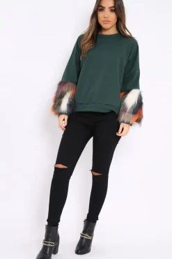 Rebellious Fashion Green Sweatshirt with Multicolour Fur Sleeves - Loise