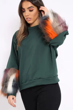 Rebellious Fashion Green Sweatshirt with Multicolour Fur Sleeves - Loise
