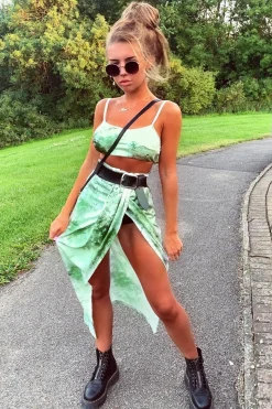Rebellious Fashion Green Tie Dye Midi Skirt and Crop Top Co-ord - Lisa