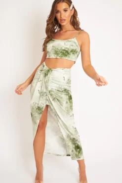 Rebellious Fashion Green Tie Dye Midi Skirt and Crop Top Co-ord - Lisa