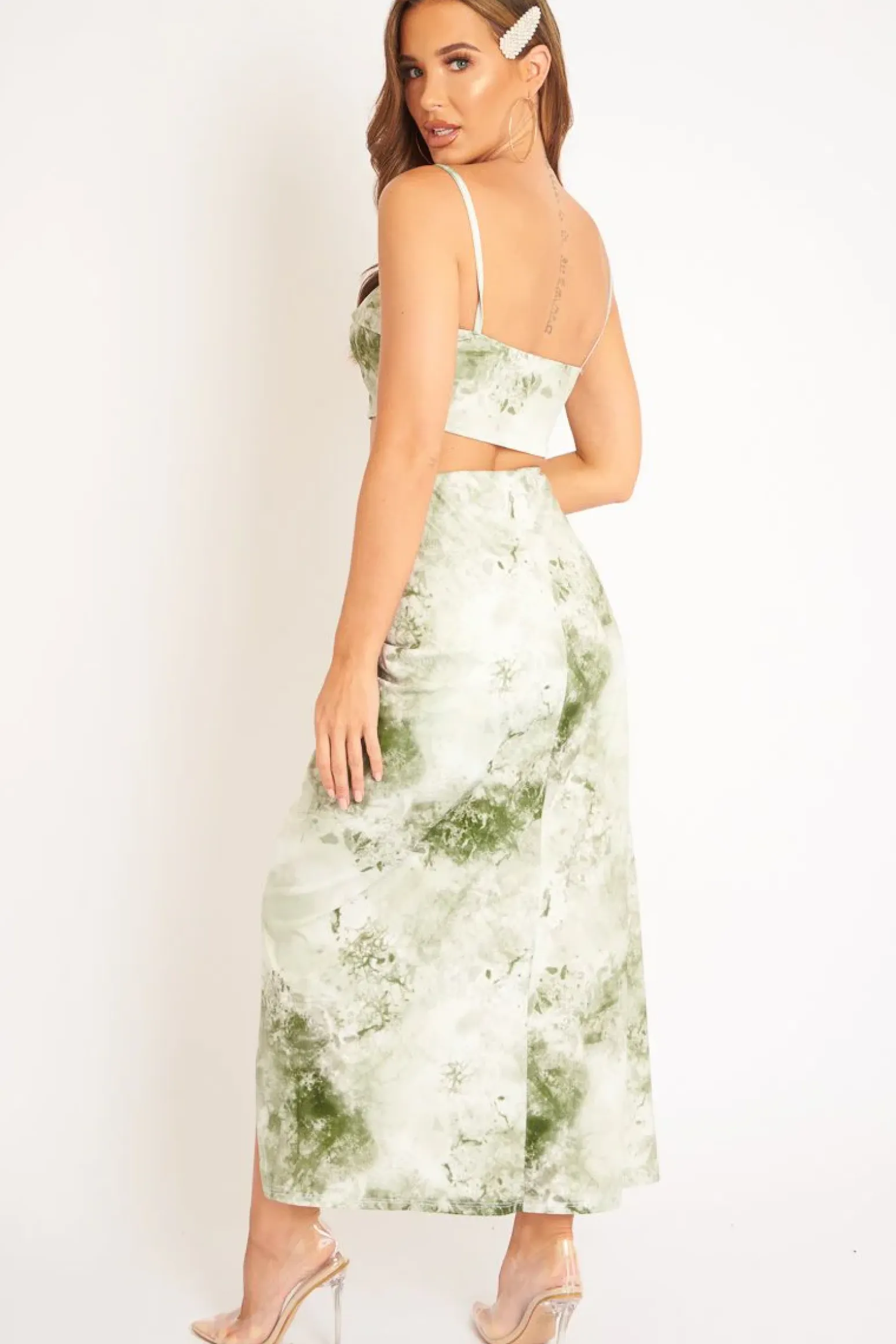 Rebellious Fashion Green Tie Dye Midi Skirt and Crop Top Co-ord - Lisa
