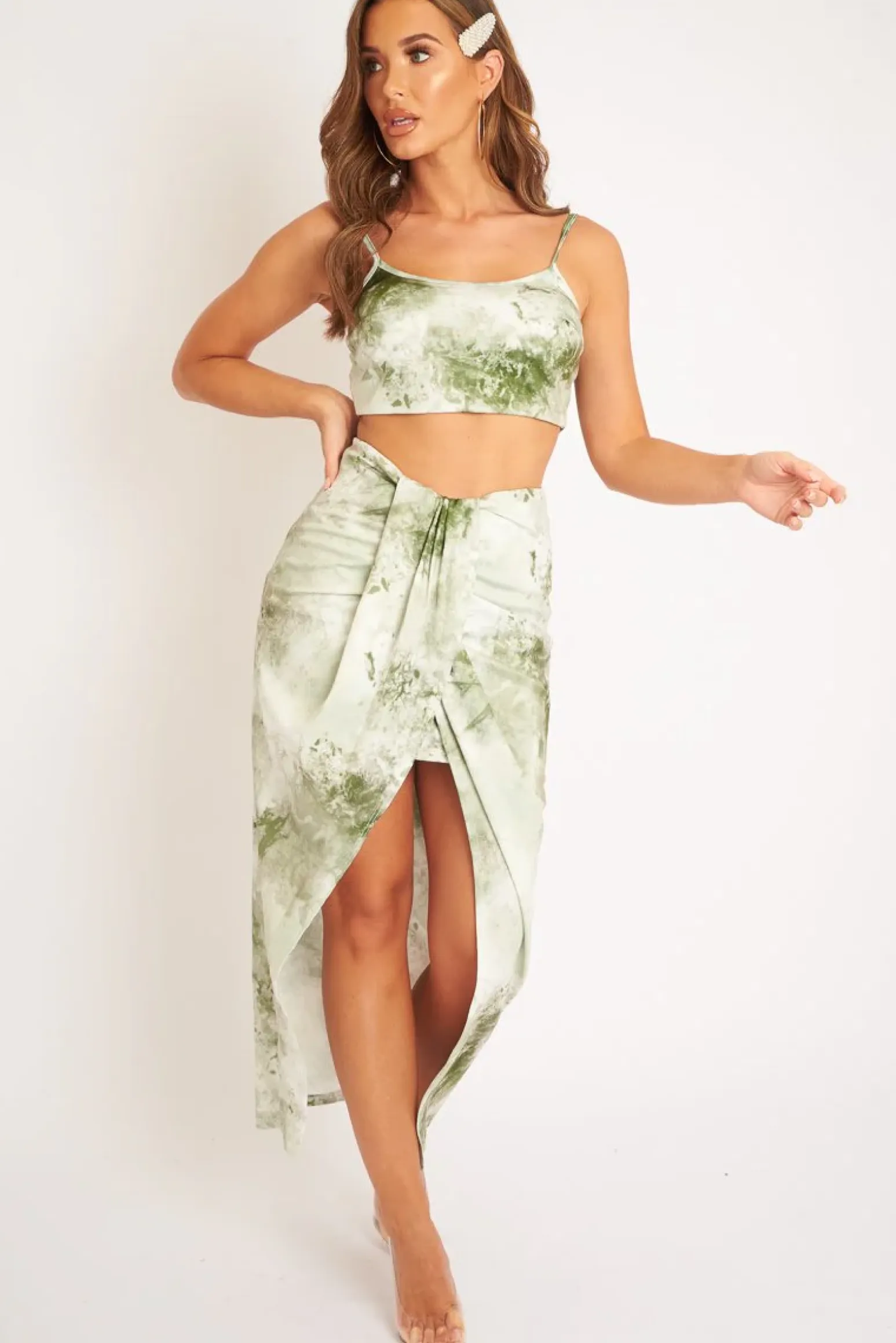 Rebellious Fashion Green Tie Dye Midi Skirt and Crop Top Co-ord - Lisa
