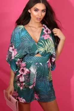 Rebellious Fashion Green Tropical Kimono Sleeve Playsuit - Suzy