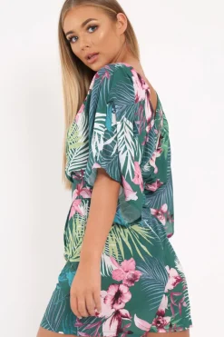 Rebellious Fashion Green Tropical Kimono Sleeve Playsuit - Suzy
